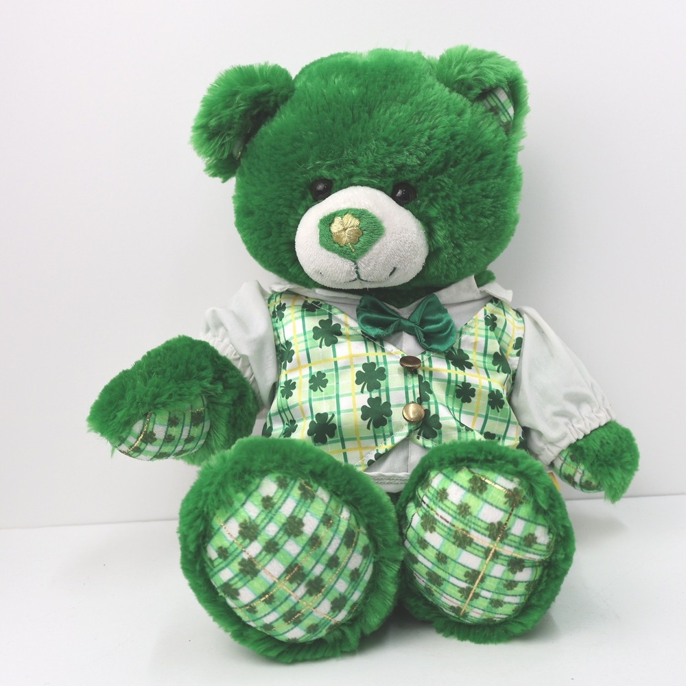 Build-A-Bear St Patricks Day Shamrock Green Teddy Bear Plaid Vest Bow Tie Outfit